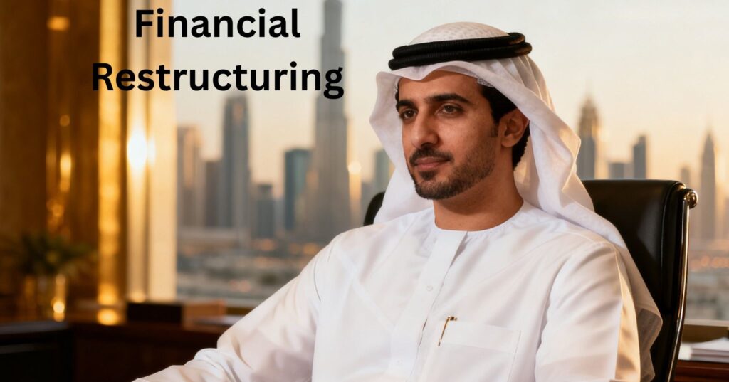 Corporate lawyers analyzing financial restructuring agreements and UAE bankruptcy laws in a Dubai law firm board room.
