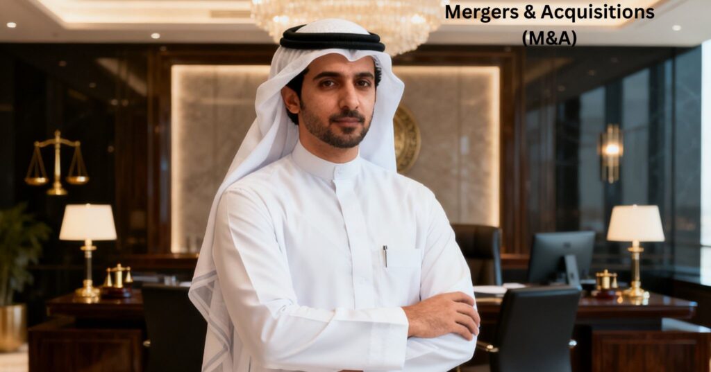 Corporate lawyers reviewing a merger agreement and competition clearance documents for a UAE transaction
