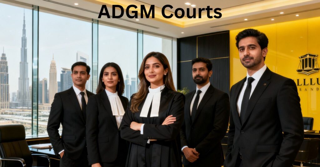 ADGM Courts digital courtroom with video conferencing screens and English common law judges.