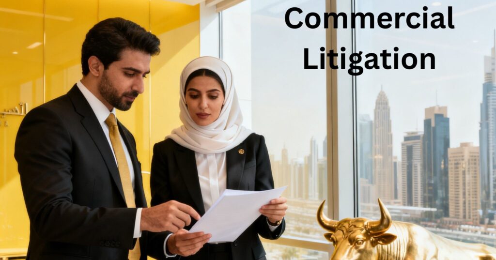 Digital litigation and commercial law books in a Dubai legal office