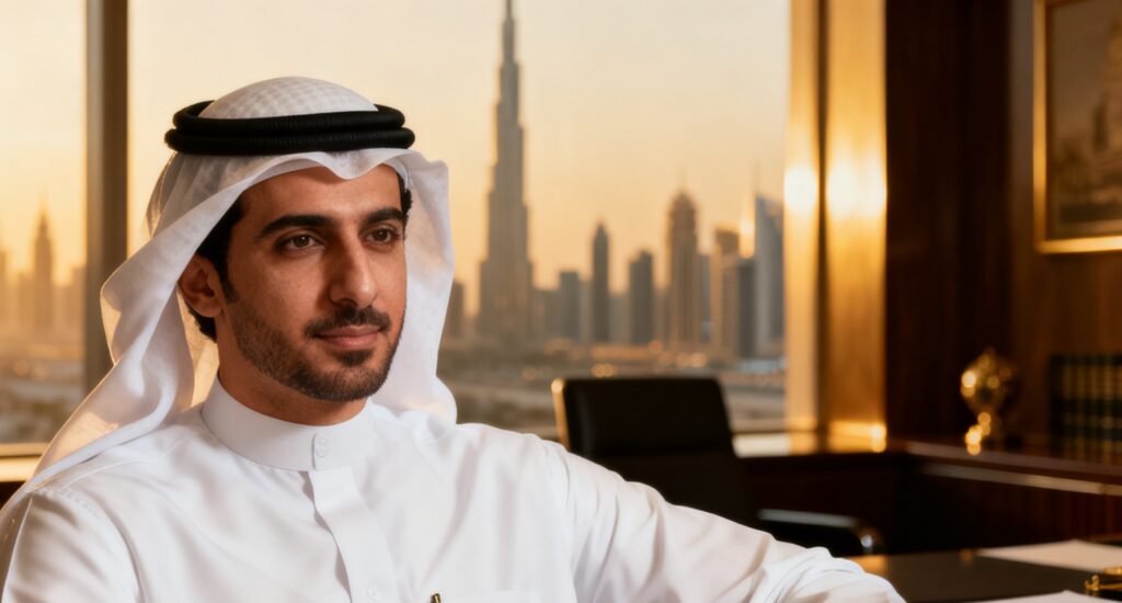 Scales of justice with UAE flag and Dubai Court building background