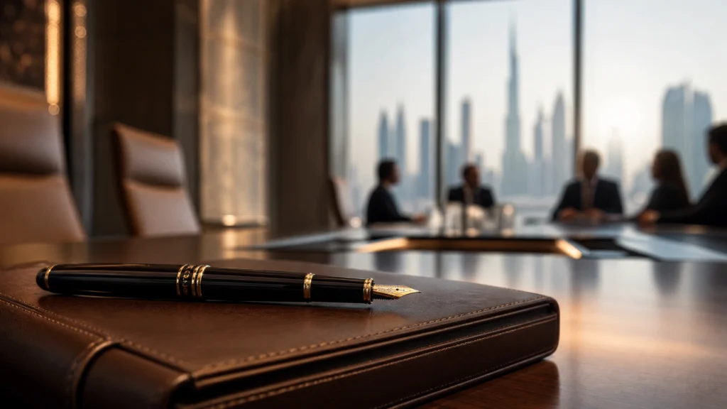 Dubai Land Department building and UAE legal symbols representing property dispute resolution.