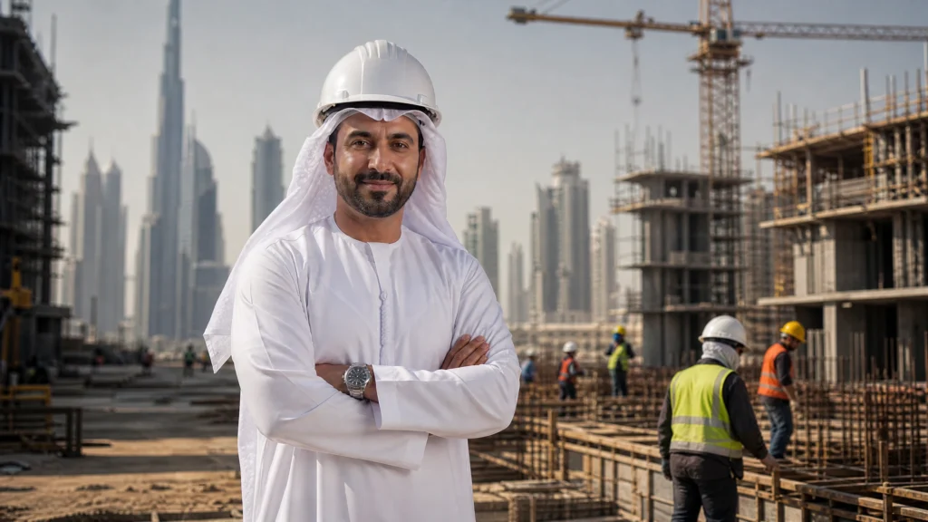 Contractor and subcontractor reviewing blueprints on a Dubai construction site with legal documents.